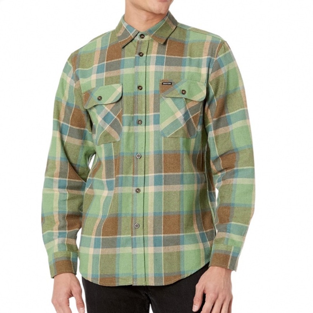 Brixton Bowery Standard Fit Mens XL Green Brown Plaid Flannel Button Up Shirt